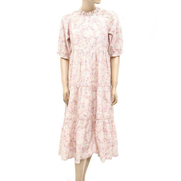 Love The Label Anthropologie Floral Printed Midi Dress Ruffle Cotton S